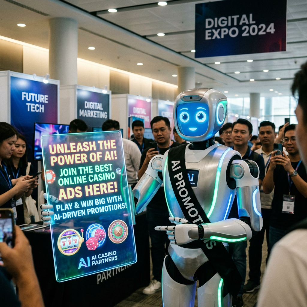 AI robot holding a sign promoting online casino ads with AI-driven promotions at a digital expo