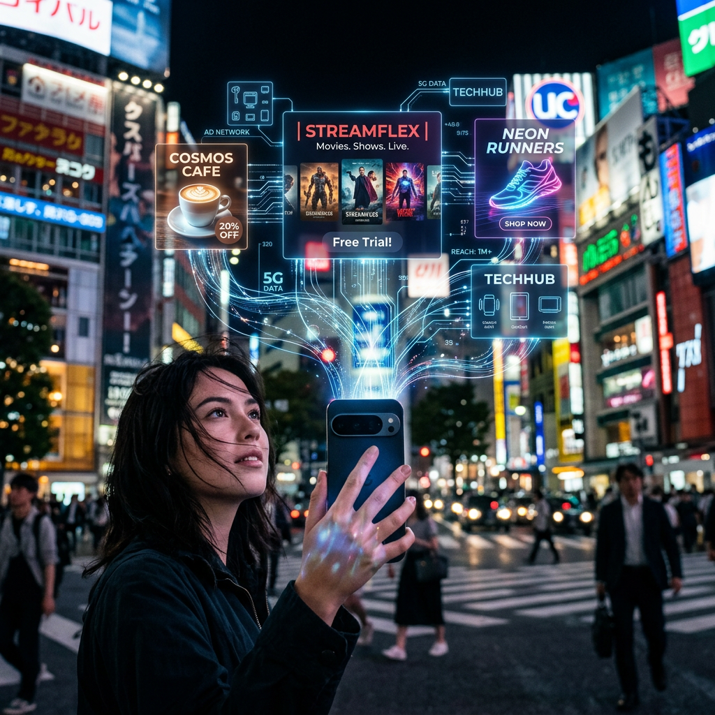 Woman holding smartphone with augmented reality ads displayed above it in a city at night